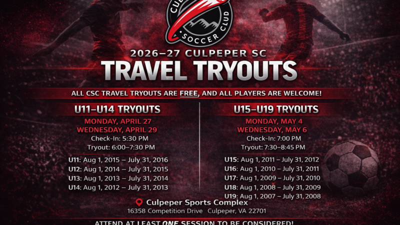 Culpeper SC 2026-27 tryouts announcement